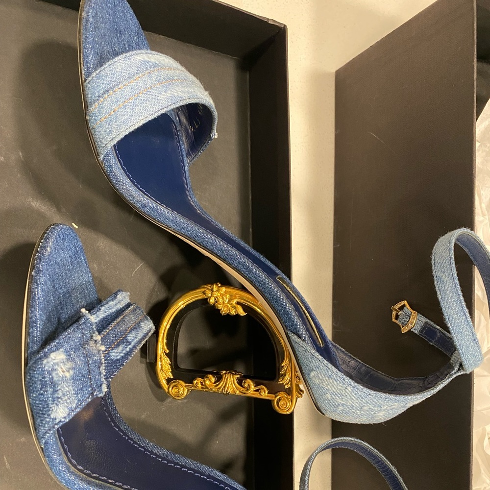 Dolce & Gabbana Blue Denim Sandals with Ornate Gold Sculpted Heels - Picture 5 of 8